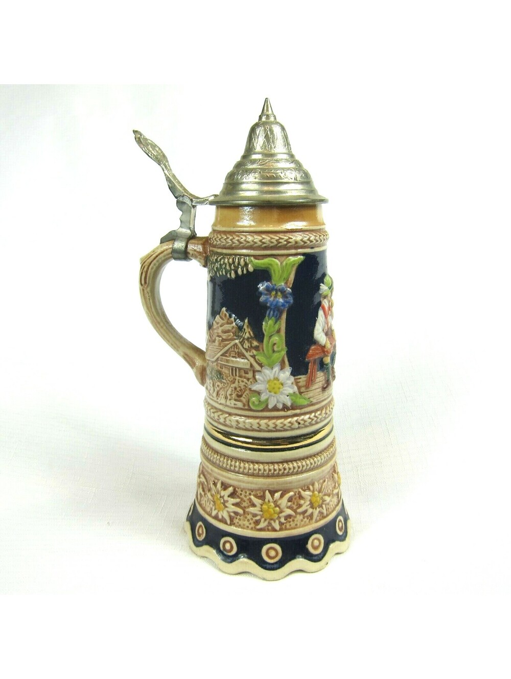 Vintage Gerz German Beer Stein Pewter Lid Music Box Plays O Mein Papa 9" Tall